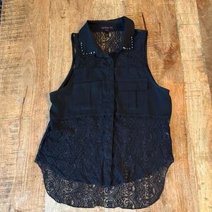 Material Girl Black Lace Button-Up Blouse